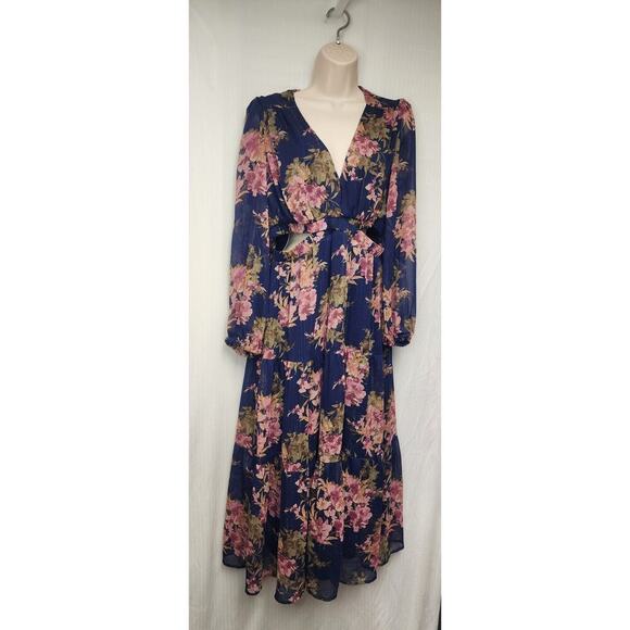 Sofia Jean Cutout Midi Floral Bouquet Balloon Sleeve V-Neck Blue Dress Size L - Picture 7 of 14